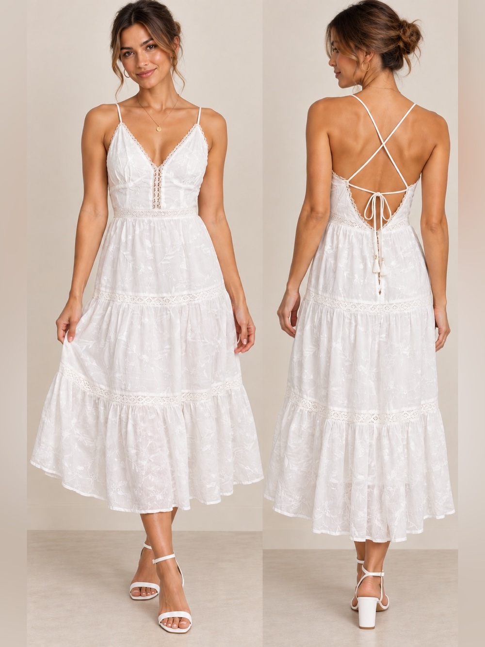 Lulus Forever Your Darling White Embroidered Lace Tiered Midi Dress NWT $98